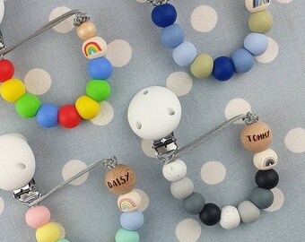 Matching Pram Charm And Silicone Dummy Clip Set Boy Blue White Grey Rainbow Baby Babies Pacifier
