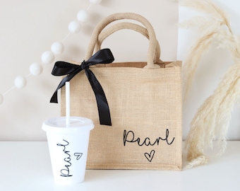 Personalised Jute Tote Bag and Cold Cup Set - Children's Party Favors - Custom Party Bags - Gift Bag - Wedding Birthday Gift Bag Set For Her