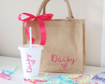 Personalised Jute Tote Bag & Cold Cup Set – Kids Party Favours