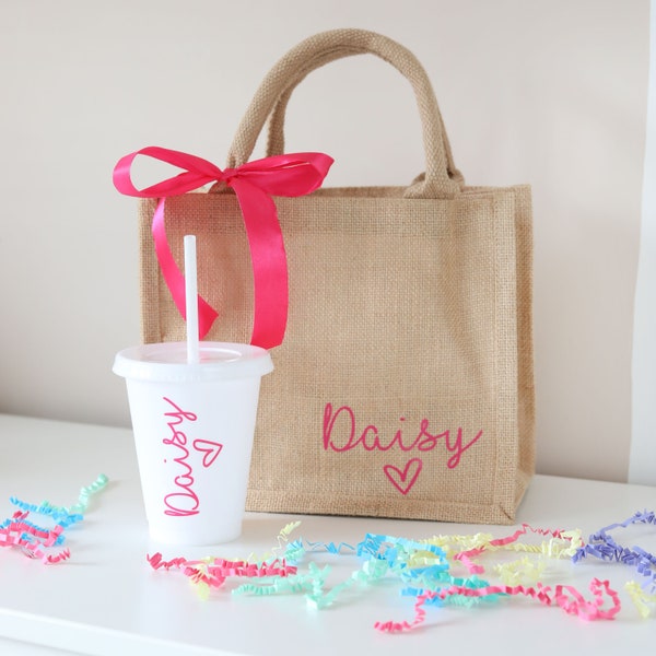 Kids Party Bags, Personalised Jute Tote Bag & Cold Cup, Personalised Children's Birthday Party Favours, Children's Party Bags, girls party