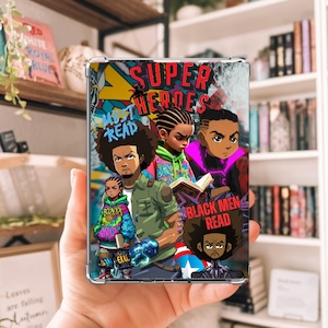 May include: A colorful phone case with a graphic design featuring cartoon characters and the text "Super Heroes Must Read" and "Black Men Read".