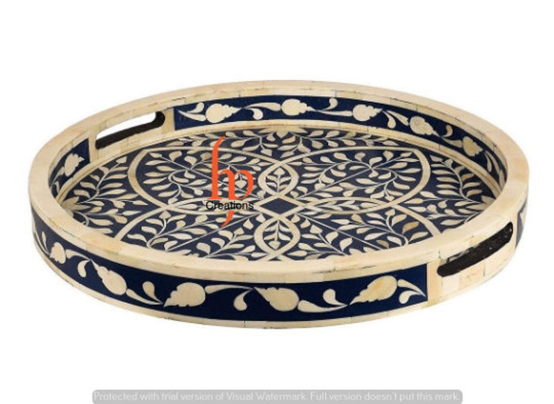 Handmade Bone Inlay Black Round Tray Decorative Serving Tray Etsy