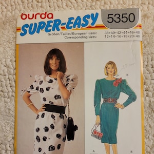 May include: A vintage Burda Super-Easy sewing pattern, number 5350, featuring two dress designs. The pattern includes European sizes 38-48, corresponding to US sizes 12-20. The cover displays images of the finished dresses.