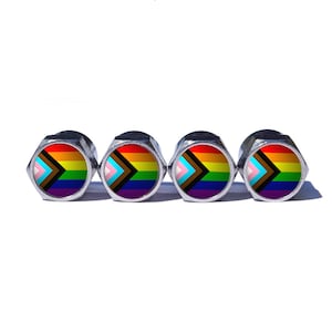 LGBTQ+ Progress Pride Flag Tire Valve Caps - Chrome Coated - Set of Four