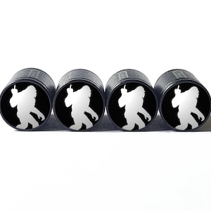 Bigfoot Sasquatch Middle Finger Tire Valve Caps - Black Aluminum - Set of Four
