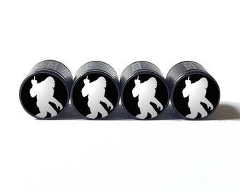 Bigfoot Sasquatch Middle Finger Tire Valve Caps - Black Aluminum - Set of Four