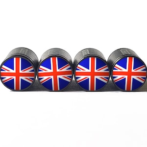 United Kingdom Union Jack UK Flag Tire Valve Caps - Black Aluminum - Set of Four