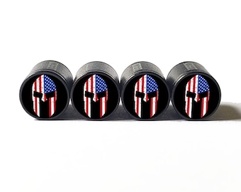 Spartan Helmet USA Flag Tire Valve Caps - Black Aluminum - Set of Four