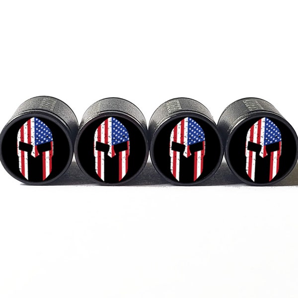 Spartan Helmet USA Flag Tire Valve Caps - Black Aluminum - Set of Four