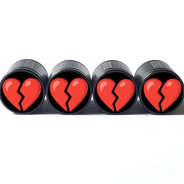 Red Broken Heart  Tire Valve Caps - Black Aluminum - Set of Four