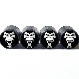 Angry Gorilla Ape (Style 3) Tire Valve Caps - Black Aluminum - Set of Four