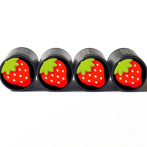 Red Strawberry Emoji Tire Valve Caps - Black Aluminum - Set of Four
