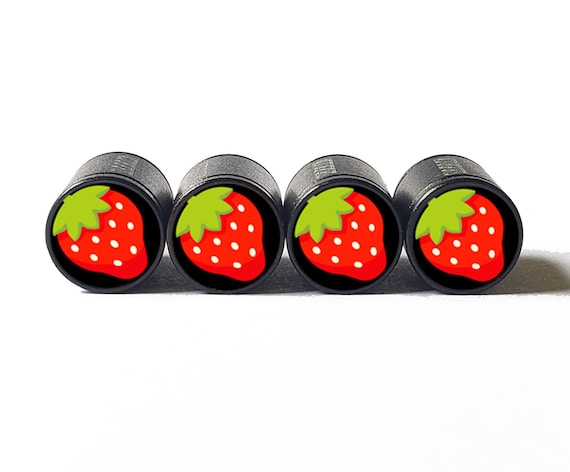 Red Strawberry Tire Valve Caps - Black Aluminum - Set of Four