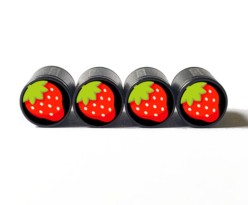 Red Strawberry Emoji Tire Valve Caps - Black Aluminum - Set of Four