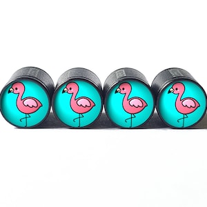 Niedliche rosa Flamingo-Reifenventilkappen – schwarzes Aluminium – 4er-Set