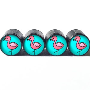 Cute Pink Flamingo Tire Valve Caps - Black Aluminum - Set of Four
