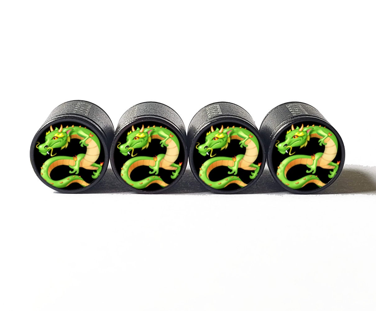 Green Dragon Tire Valve Caps - Black Aluminum - Set of Four