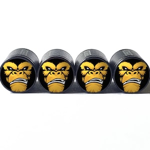 Angry Gorilla Ape (Style 4) Tire Valve Caps - Black Aluminum - Set of Four