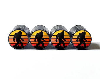 Bigfoot Sasquatch Retro Sunset Tire Valve Caps - Black Aluminum - Set of Four
