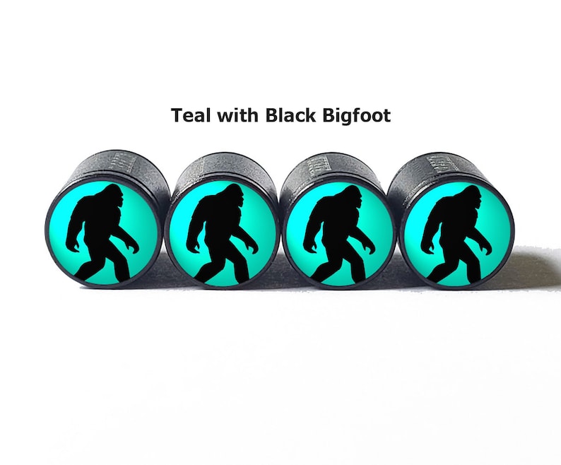 Teal Bigfoot Sasquatch Walking Tire Valve Caps