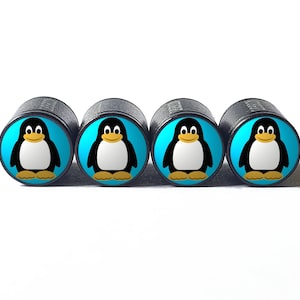 Cartoon Cute Penguin Tire Valve Caps - Black Aluminum - Set of Four