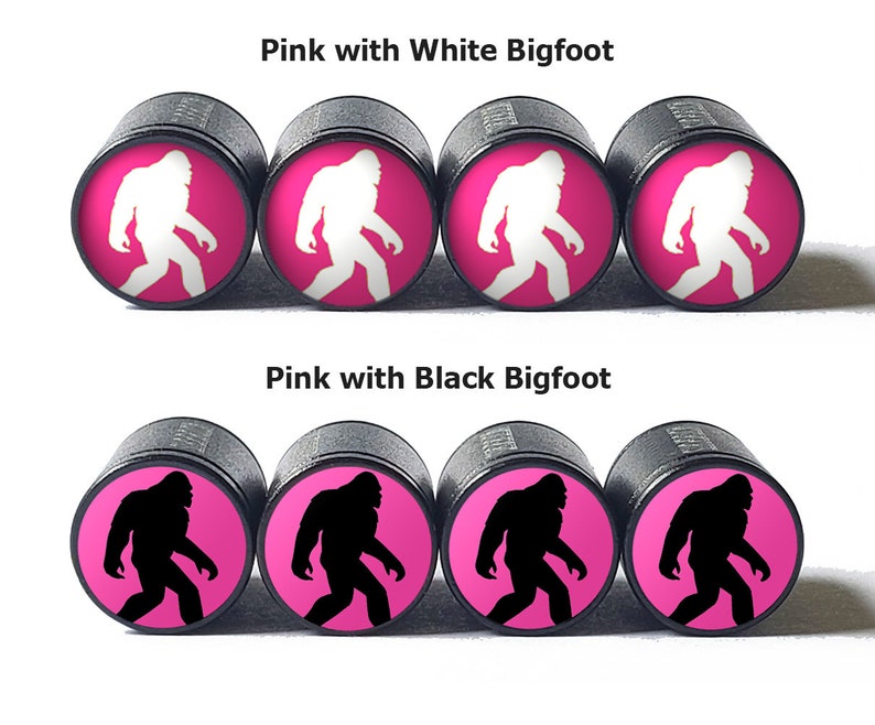 Pink Bigfoot Sasquatch Walking Tire Valve Caps