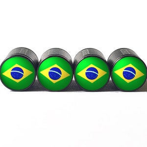 Brazil Brazilian Flag Tire Valve Caps - Black Aluminum - Set of Four