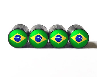 Brasile Cappucci per valvola degli pneumatici con bandiera brasiliana - Alluminio nero - Set di quattro