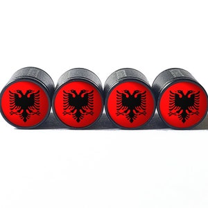 Tapas de válvulas de neumáticos con bandera de Albania, aluminio negro, juego de cuatro