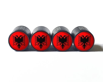 Albanian Albania Flag Tire Valve Caps - Black Aluminum - Set of Four