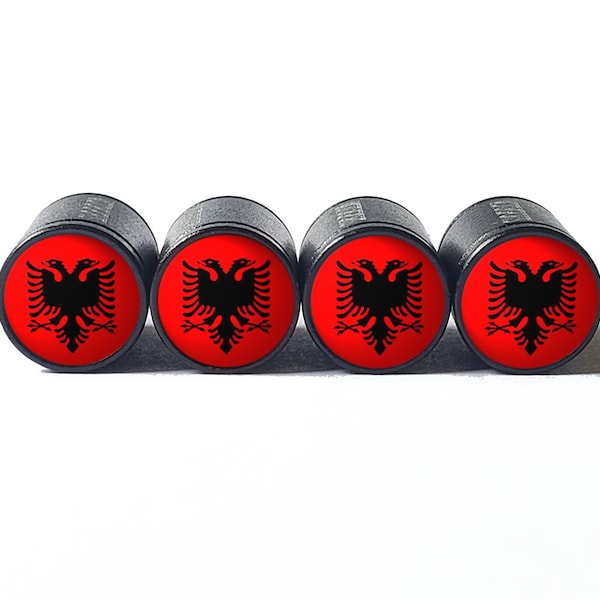 Albanian Albania Flag Tire Valve Stem Caps - Black Aluminum - Set of Four