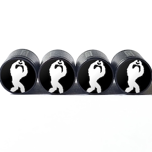 Bigfoot Sasquatch Heart Sign with Hands Tire Valve Caps - Black Aluminum - Set of Four