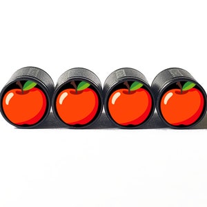 Red Apple Tire Valve Caps - Black Aluminum - Set of Four