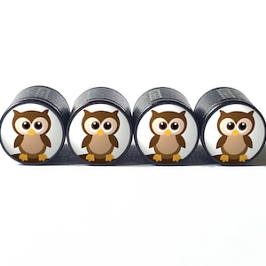 Cartoon Cute Owl (Style 2) Tire Valve Caps - Black Aluminum - Set of Four