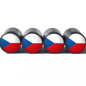 Czech Republic Czechia Flag Tire Valve Caps - Black Aluminum - Set of Four
