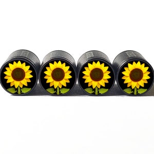 Cute Sunflower Tire Valve Caps - Black Aluminum - Set of Four