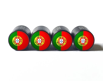 Portugal Flag Tire Valve Caps - Black Aluminum - Set of Four