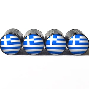 Greek Greece Flag Tire Valve Caps - Black Aluminum - Set of Four