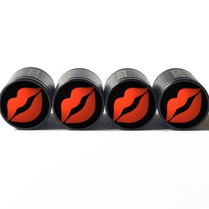 Hot Red Lips Tire Valve Caps - Black Aluminum - Set of Four