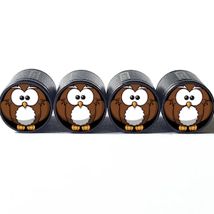 Cartoon Cute Owl (Style 1) Tire Valve Caps - Black Aluminum - Set of Four