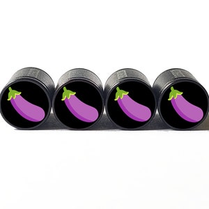 Purple Eggplant Tire Valve Caps - Black Aluminum - Set of Four