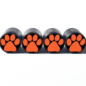 Orange Tiger, Cat, Dog Paw Tire Valve Caps - Black Aluminum - Set of Four