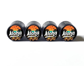 Aloha Hawaii Beach Tire Valve Caps - Black Aluminum - Set of Four