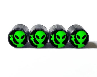 Alien Peace Sign (Style 2) Tire Valve Caps - Black Aluminum - Set of Four