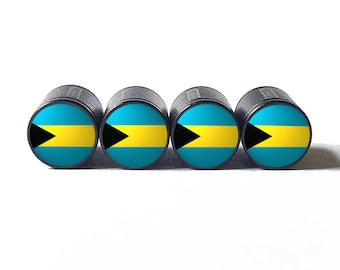 Bahama Bahamian Flag Tire Valve Caps - Black Aluminum - Set of Four