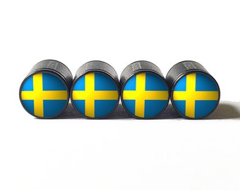 Sweden Swedish Flag Tire Valve Caps - Black Aluminum - Set of Four
