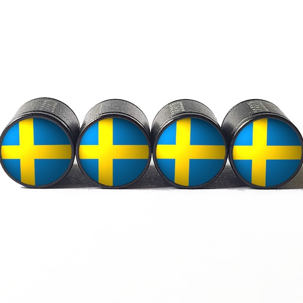 Sweden Flag Tire Valve Stem Caps - Black Aluminum - Set of Four