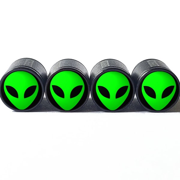 Alien Face Tire Valve Stem Caps - Black Aluminum - Set of Four (5 colors)