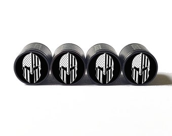 Black and White Spartan Helmet USA Flag Tire Valve Caps - Black Aluminum - Set of Four