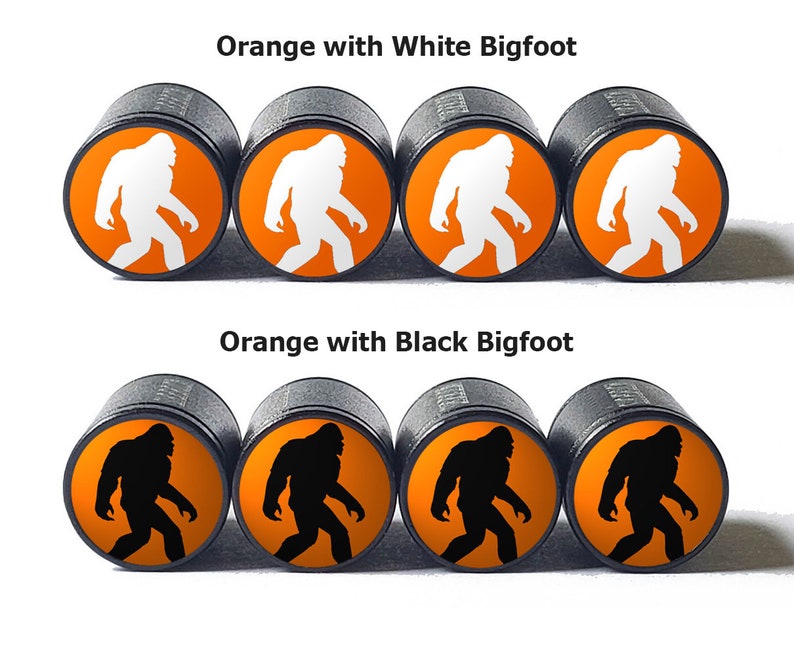 Orange Bigfoot Sasquatch Walking Tire Valve Caps